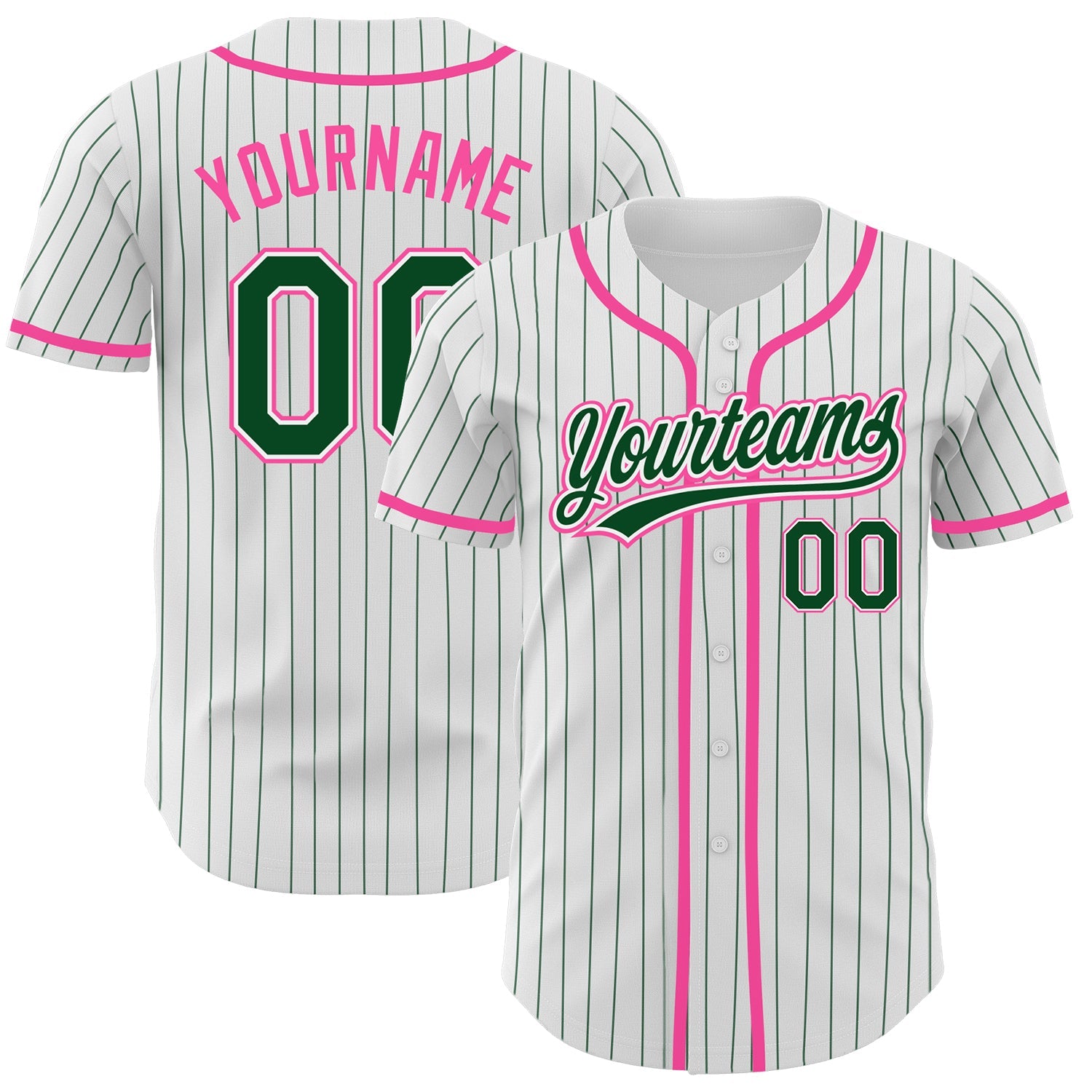 Custom White Green Pinstripe Green-Pink Authentic Baseball Jersey - Main View
