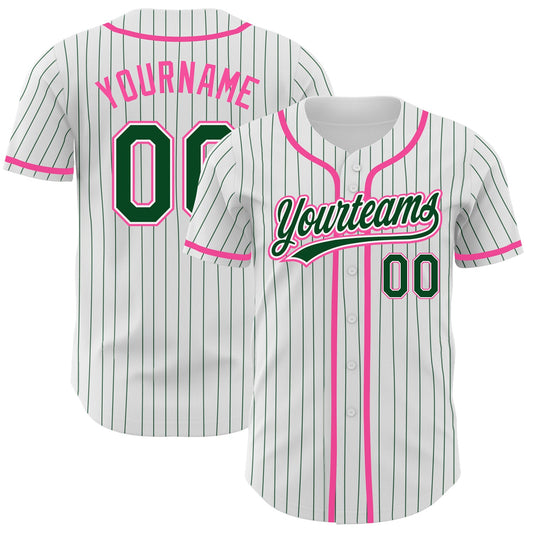 Custom White Green Pinstripe Green-Pink Authentic Baseball Jersey - Main View