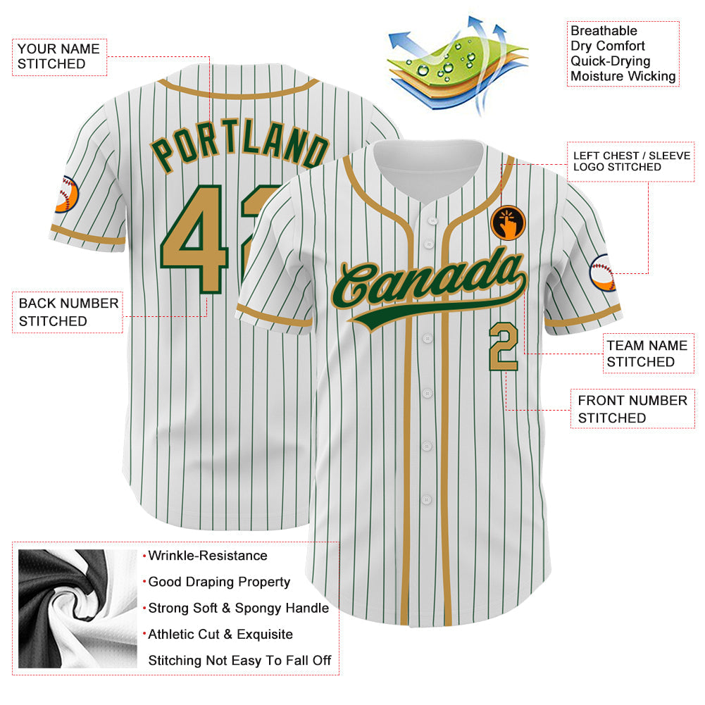 Custom White Green Pinstripe Old Gold Authentic Baseball Jersey view 3