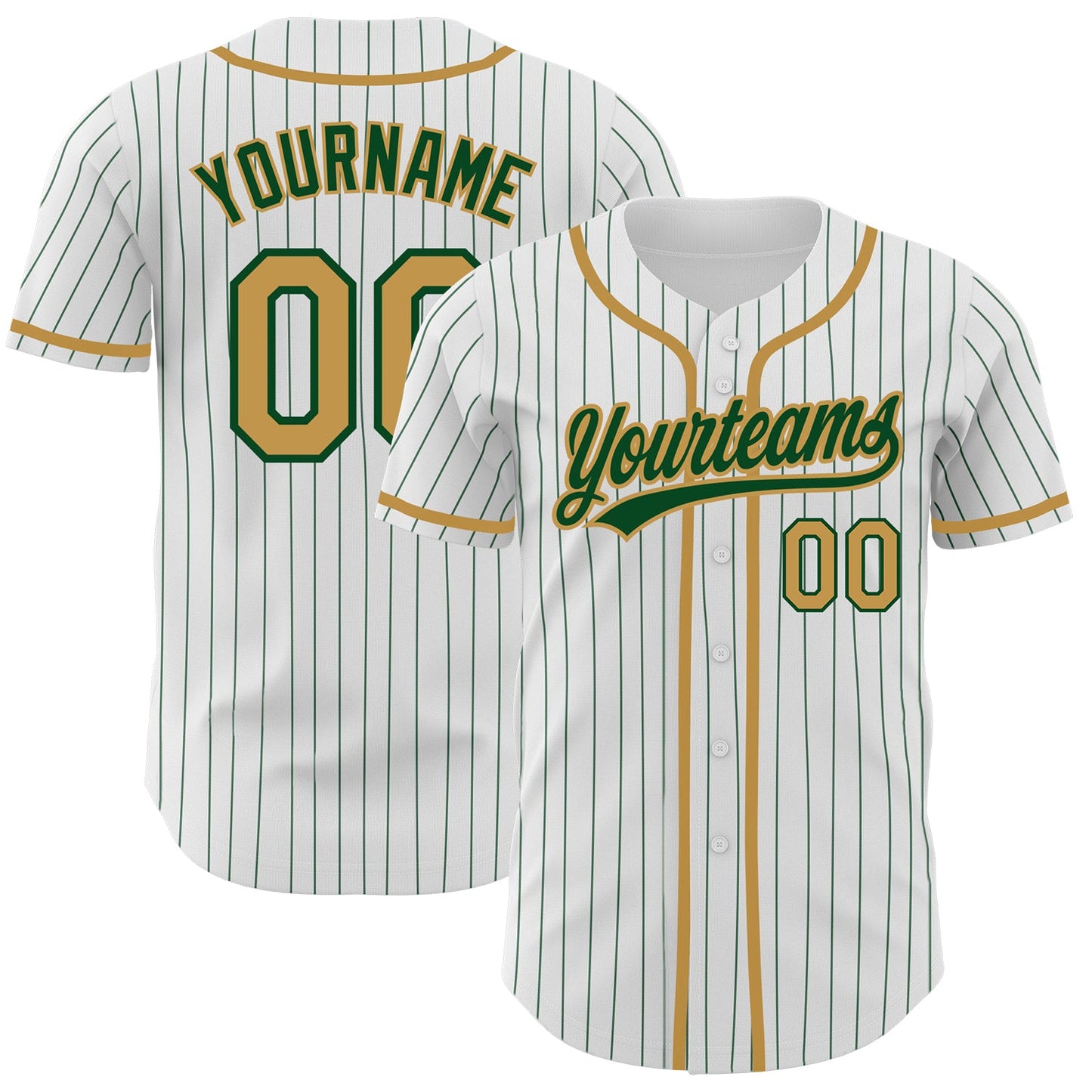 Custom White Green Pinstripe Old Gold Authentic Baseball Jersey - Main View