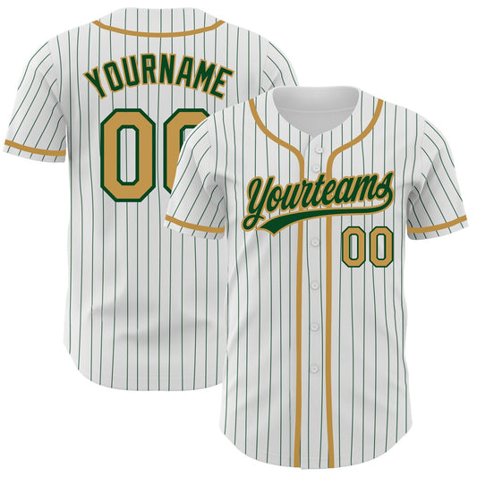 Custom White Green Pinstripe Old Gold Authentic Baseball Jersey - Main View