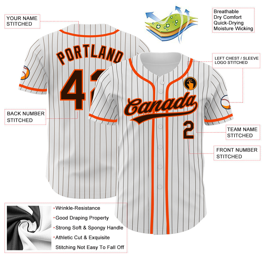 Custom White Brown Pinstripe Brown-Orange Authentic Baseball Jersey view 3