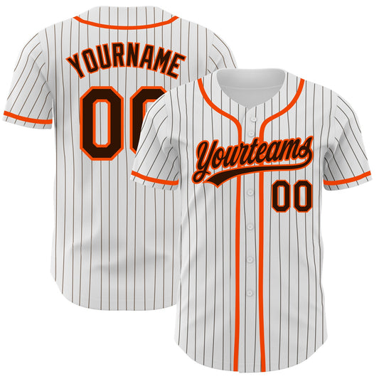 Custom White Brown Pinstripe Brown-Orange Authentic Baseball Jersey - Main View