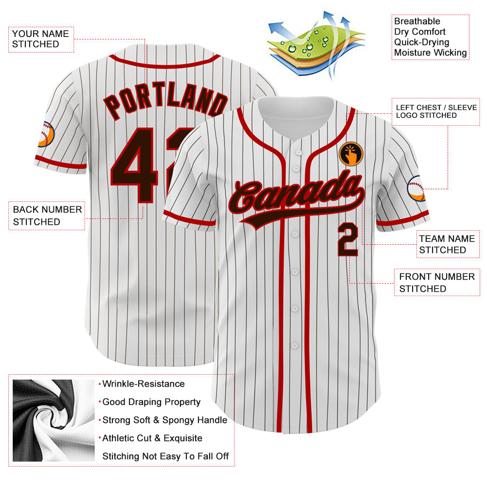 Custom White Brown Pinstripe Brown-Red Authentic Baseball Jersey view 3