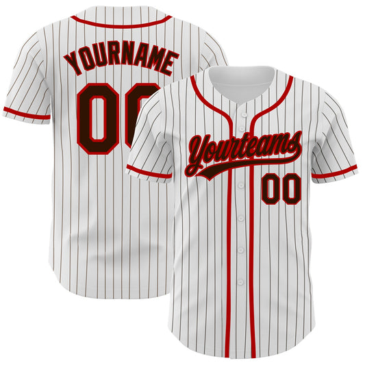 Custom White Brown Pinstripe Brown-Red Authentic Baseball Jersey - Main View