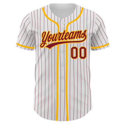 Custom White Crimson Pinstripe Crimson-Gold Authentic Baseball Jersey view 2