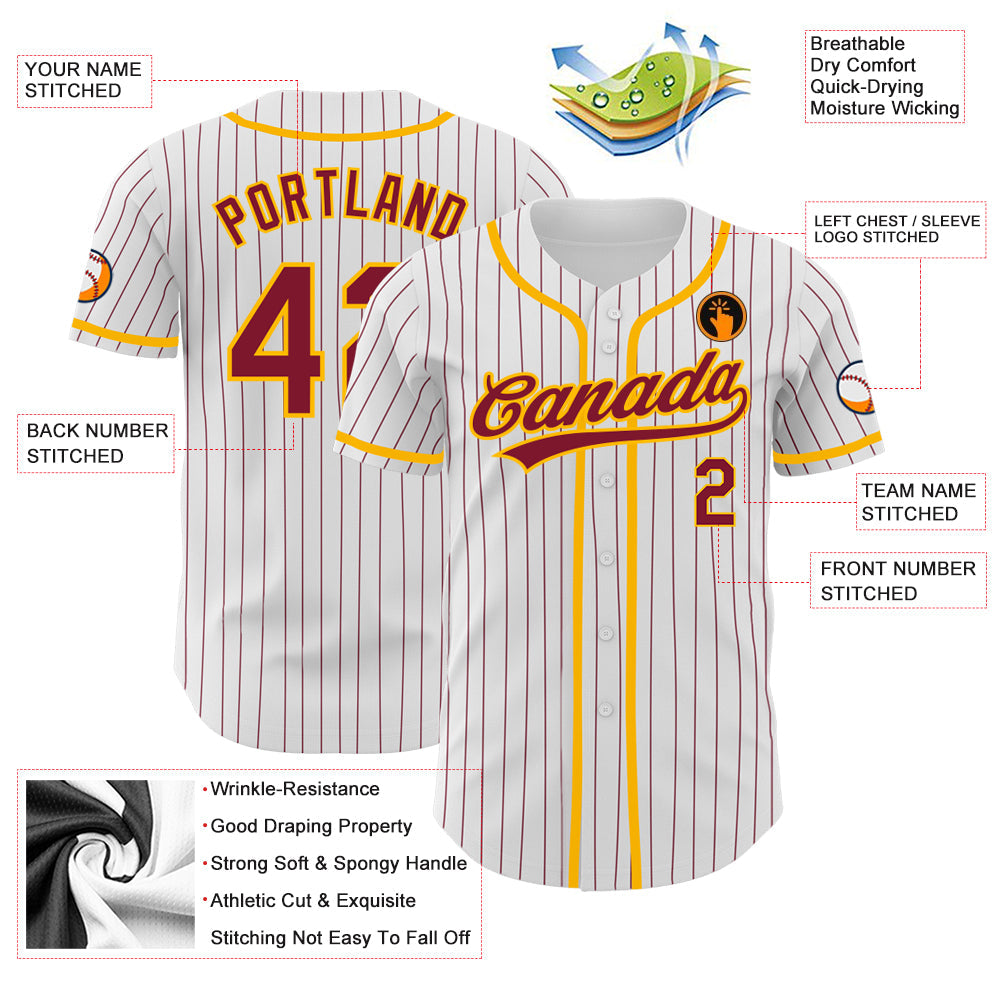 Custom White Crimson Pinstripe Crimson-Gold Authentic Baseball Jersey view 3