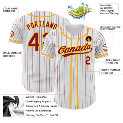 Custom White Crimson Pinstripe Crimson-Gold Authentic Baseball Jersey view 3