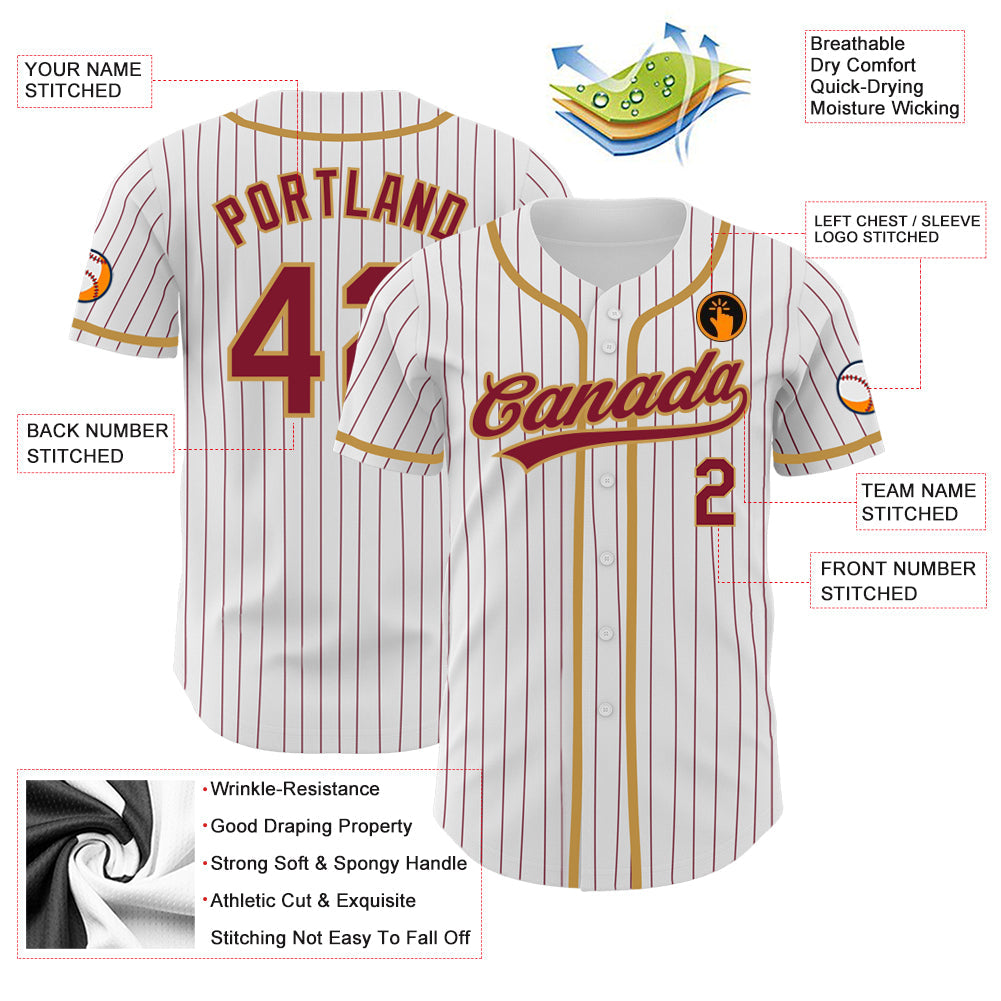 Custom White Crimson Pinstripe Crimson-Old Gold Authentic Baseball Jersey view 3