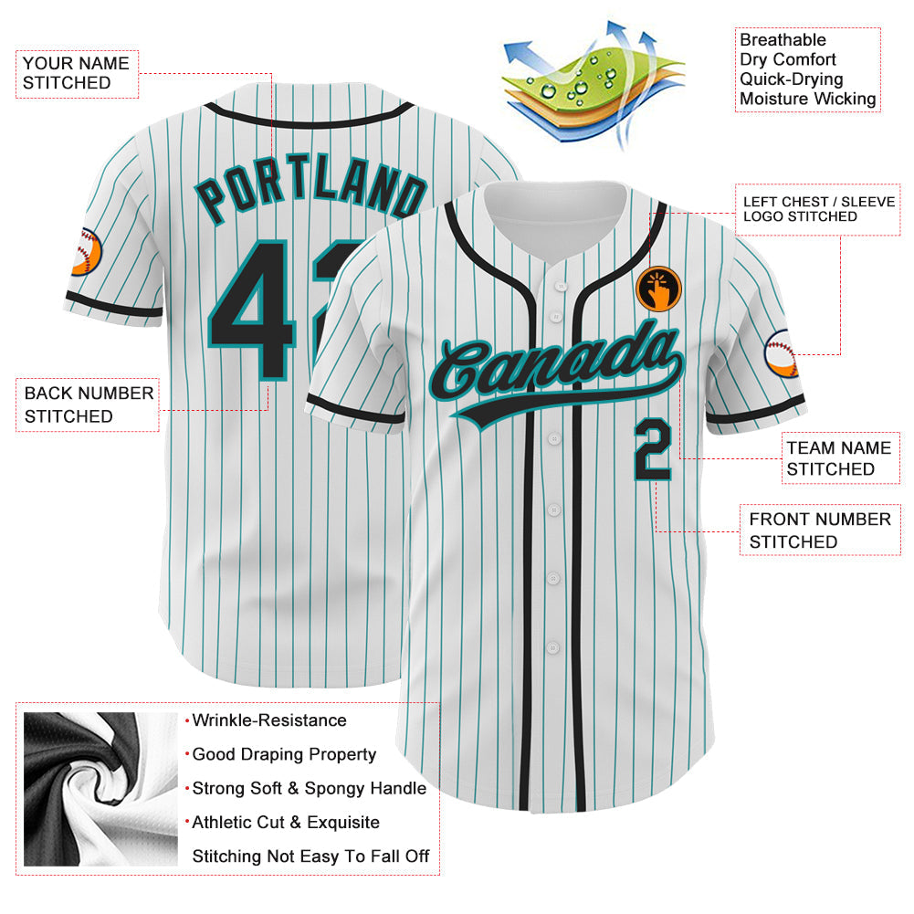 Custom White Teal Pinstripe Black Authentic Baseball Jersey view 3