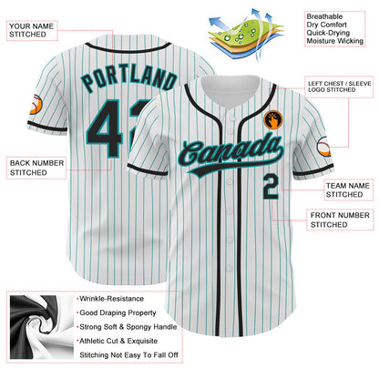 Custom White Teal Pinstripe Black Authentic Baseball Jersey view 3