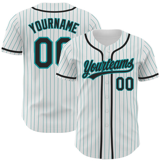 Custom White Teal Pinstripe Black Authentic Baseball Jersey - Main View