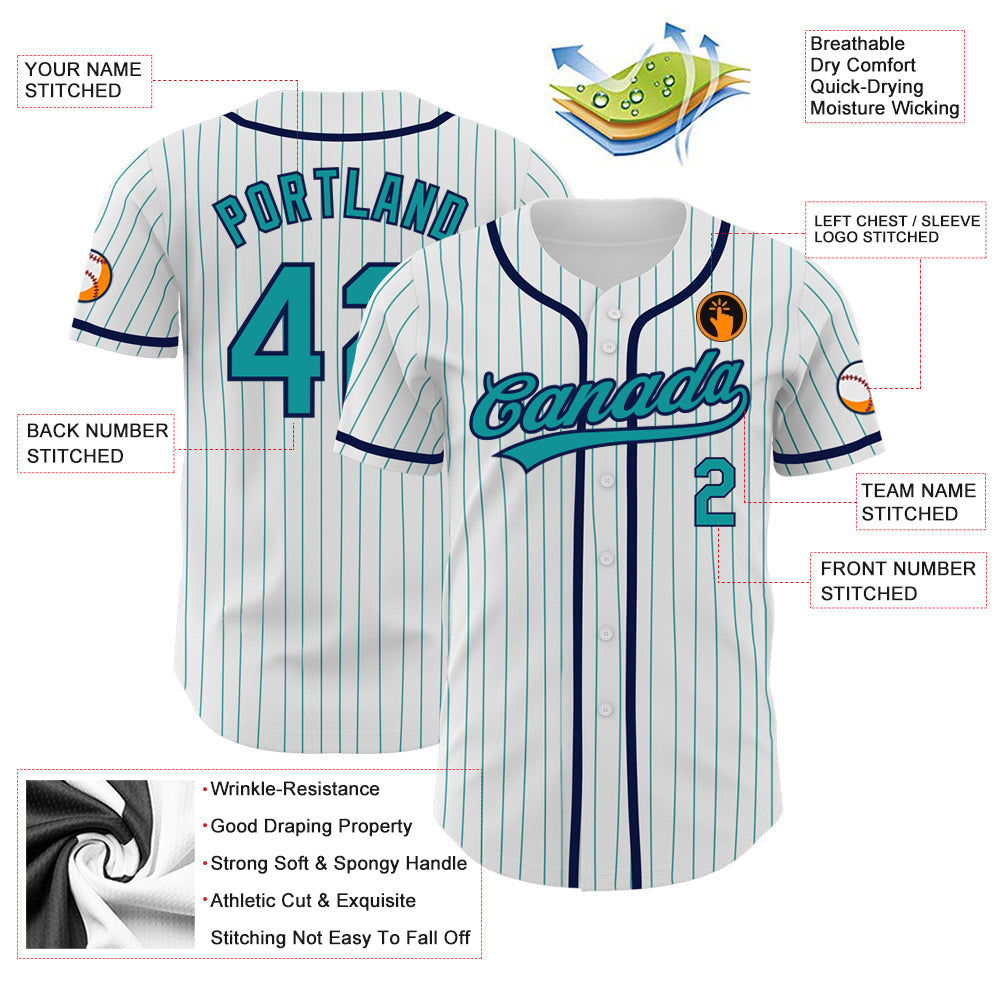 Custom White Teal Pinstripe Teal-Navy Authentic Baseball Jersey view 3
