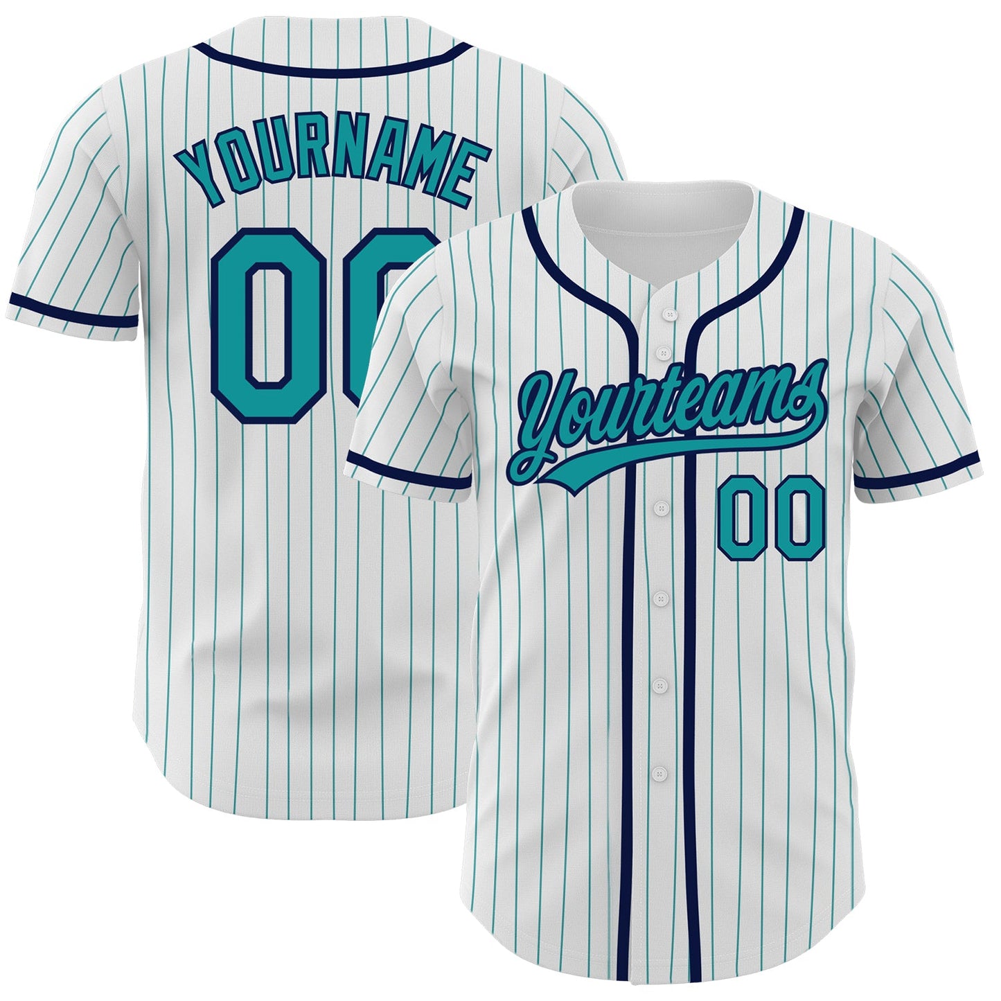 Custom White Teal Pinstripe Teal-Navy Authentic Baseball Jersey - Main View