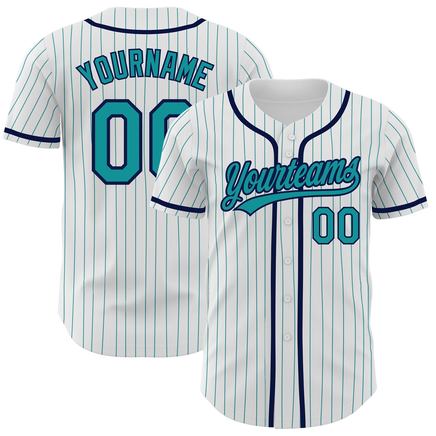 Custom White Teal Pinstripe Teal-Navy Authentic Baseball Jersey - Main View