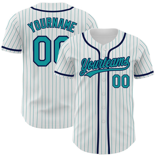 Custom White Teal Pinstripe Teal-Navy Authentic Baseball Jersey - Main View