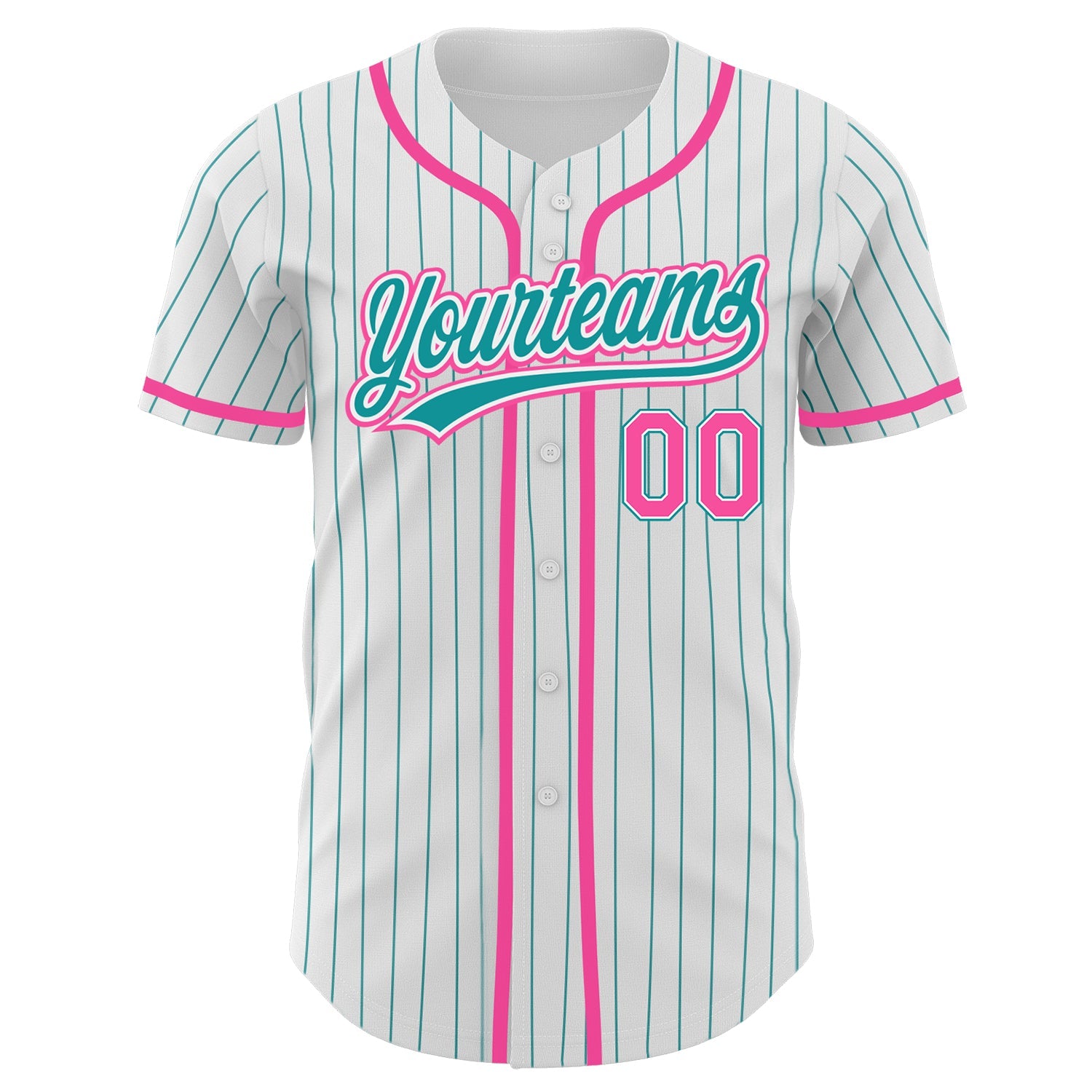 Custom White Teal Pinstripe Pink Authentic Baseball Jersey view 3