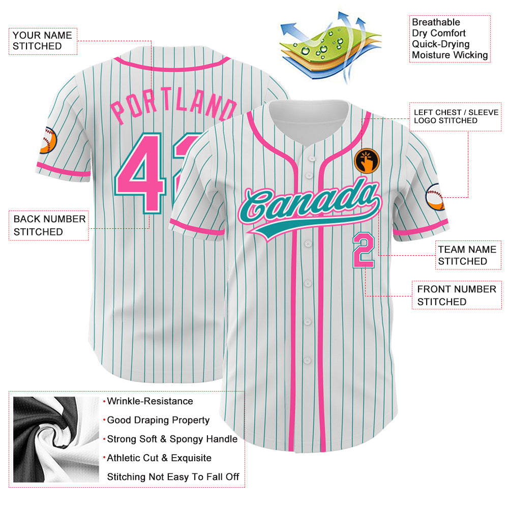 Custom White Teal Pinstripe Pink Authentic Baseball Jersey view 4