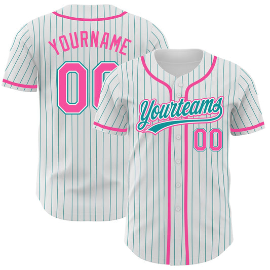 Custom White Teal Pinstripe Pink Authentic Baseball Jersey - Main View