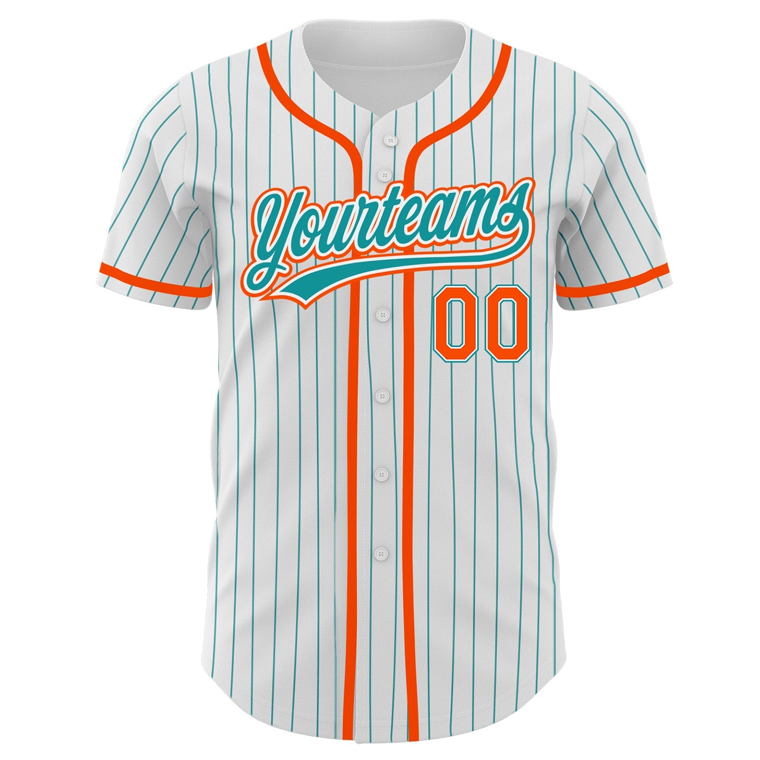 Custom White Teal Pinstripe Teal-Orange Authentic Baseball Jersey view 2