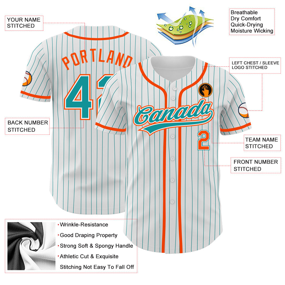 Custom White Teal Pinstripe Teal-Orange Authentic Baseball Jersey view 3