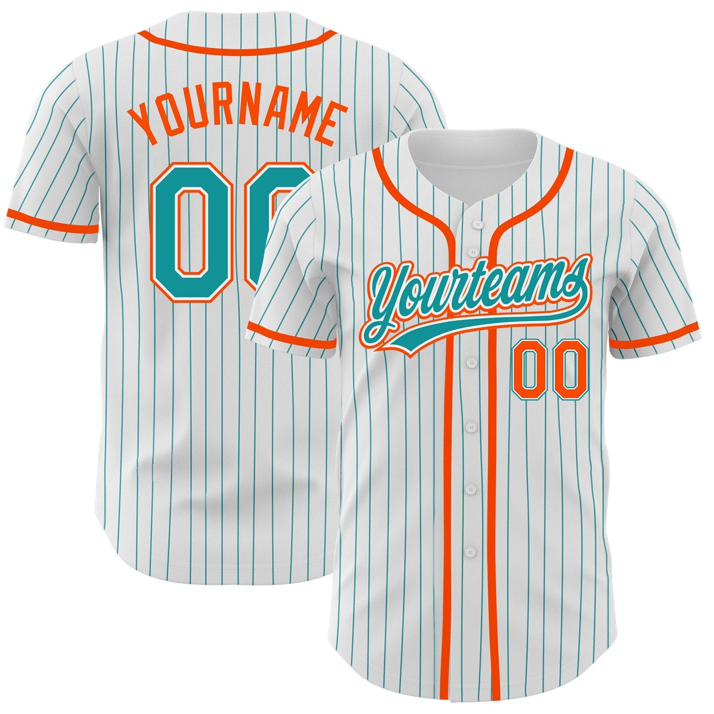 Custom White Teal Pinstripe Teal-Orange Authentic Baseball Jersey - Main View