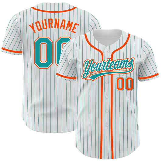 Custom White Teal Pinstripe Teal-Orange Authentic Baseball Jersey - Main View