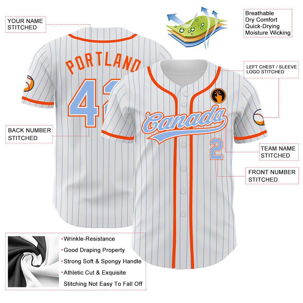 Custom White Light Blue Pinstripe Light Blue-Orange Authentic Baseball Jersey view 3