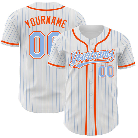 Custom White Light Blue Pinstripe Light Blue-Orange Authentic Baseball Jersey - Main View