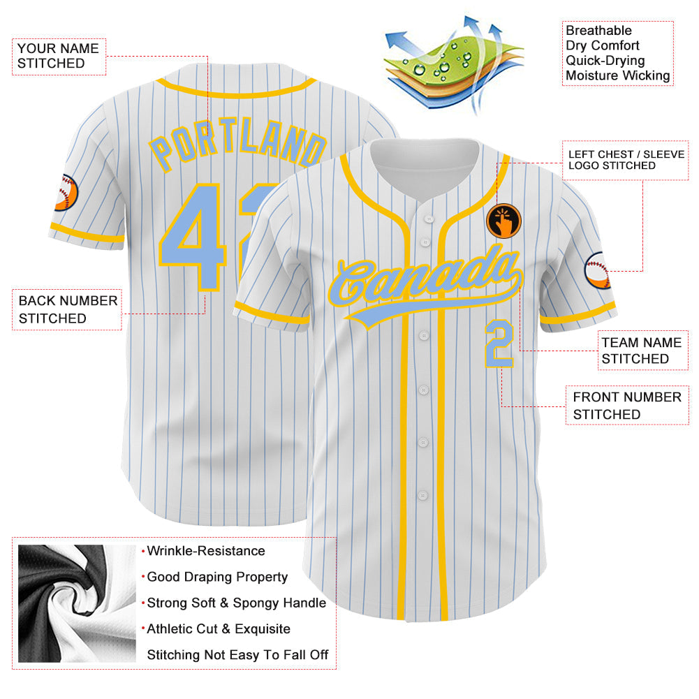 Custom White Light Blue Pinstripe Light Blue-Yellow Authentic Baseball Jersey view 3