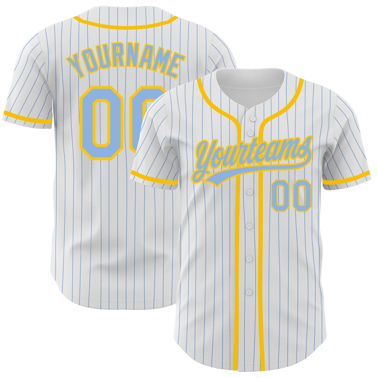 Custom White Light Blue Pinstripe Light Blue-Yellow Authentic Baseball Jersey - Main View