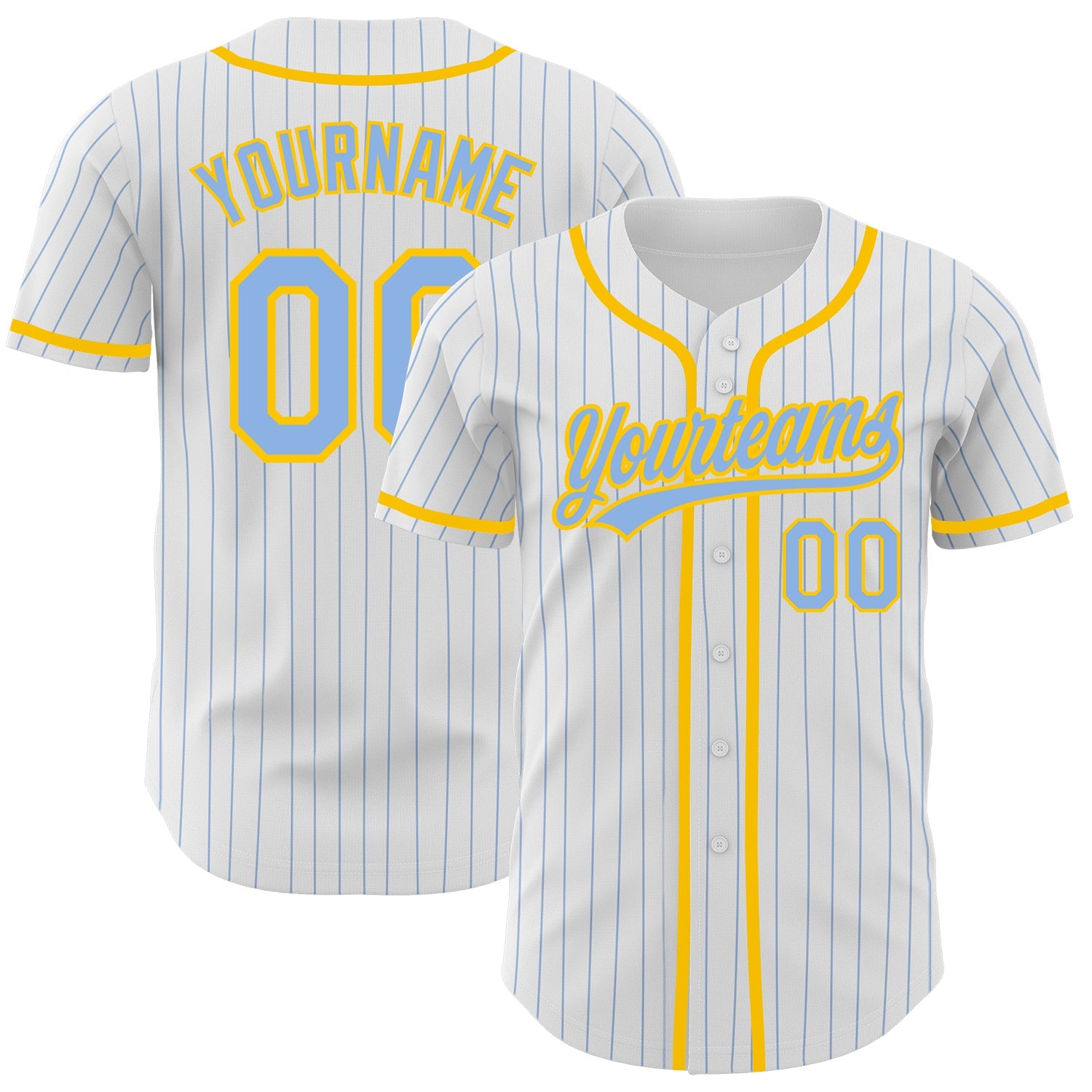 Custom White Light Blue Pinstripe Light Blue-Yellow Authentic Baseball Jersey - Main View