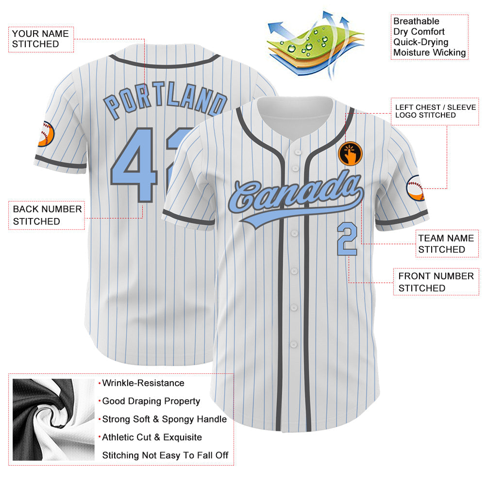 Custom White Light Blue Pinstripe Light Blue-Steel Gray Authentic Baseball Jersey view 3