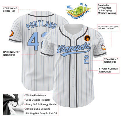 Custom White Light Blue Pinstripe Light Blue-Steel Gray Authentic Baseball Jersey view 3