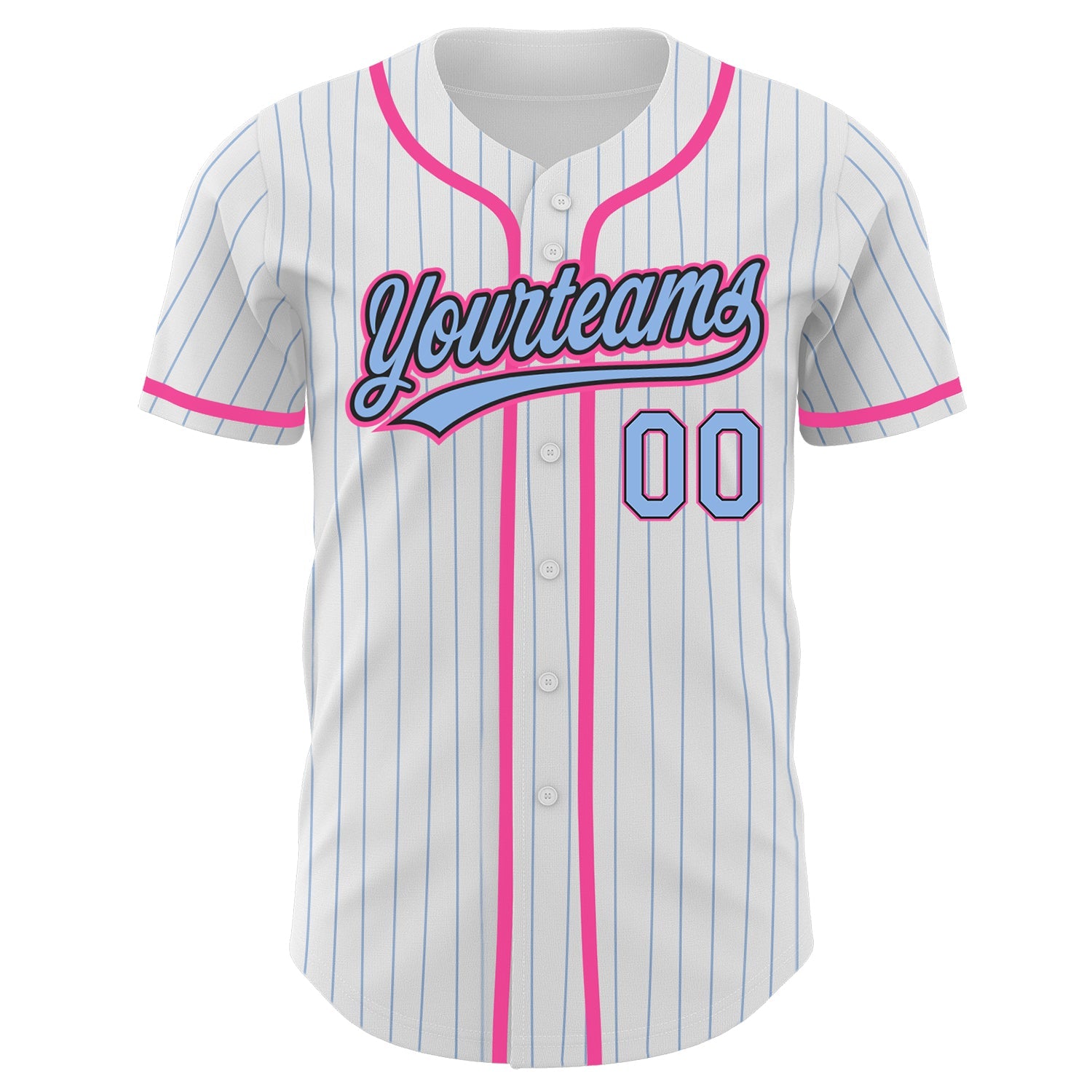 Custom White Light Blue Pinstripe Light Blue Black-Pink Authentic Baseball Jersey view 2