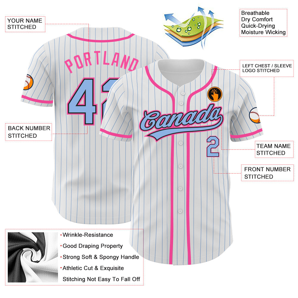 Custom White Light Blue Pinstripe Light Blue Black-Pink Authentic Baseball Jersey view 3