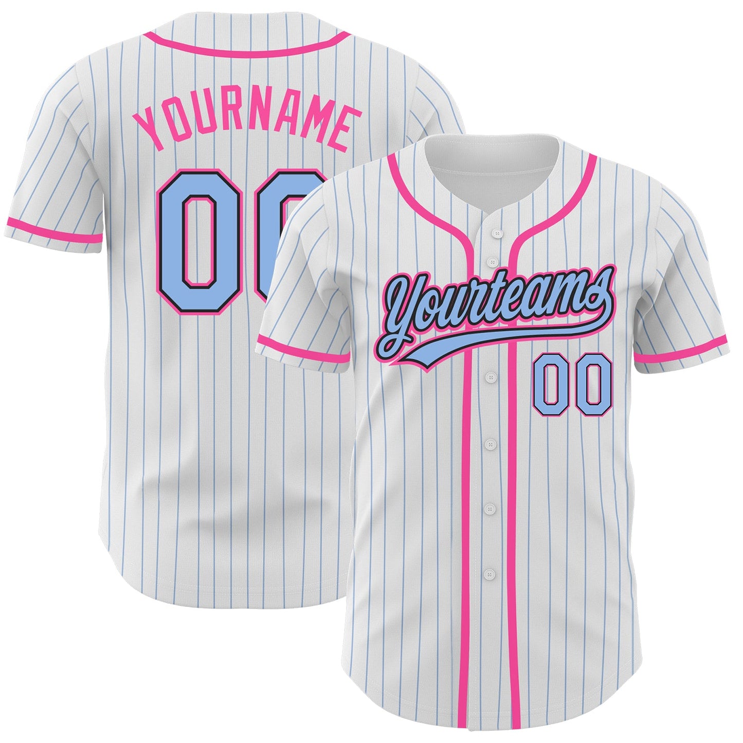 Custom White Light Blue Pinstripe Light Blue Black-Pink Authentic Baseball Jersey - Main View