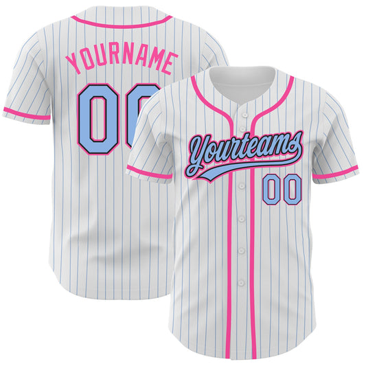 Custom White Light Blue Pinstripe Light Blue Black-Pink Authentic Baseball Jersey - Main View