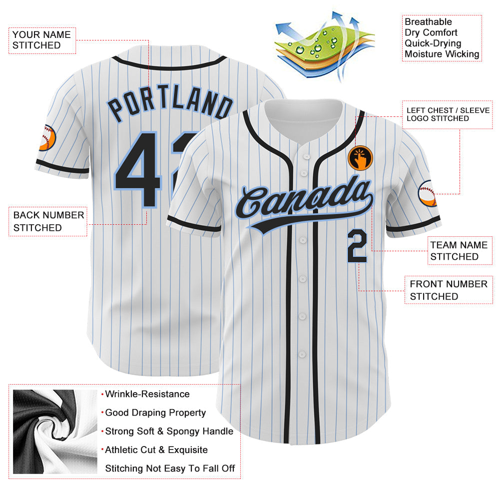 Custom White Light Blue Pinstripe Black Authentic Baseball Jersey view 3