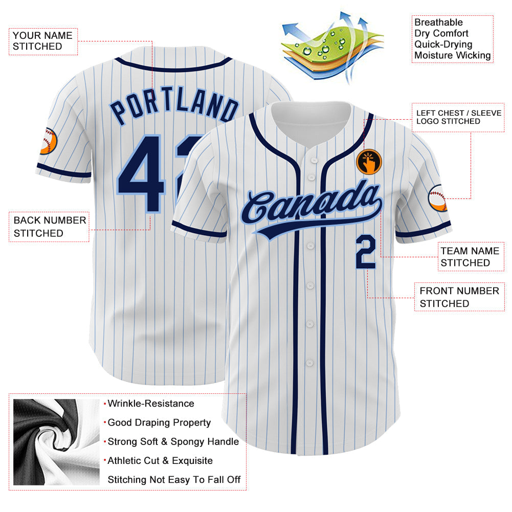 Custom White Light Blue Pinstripe Navy Authentic Baseball Jersey view 3