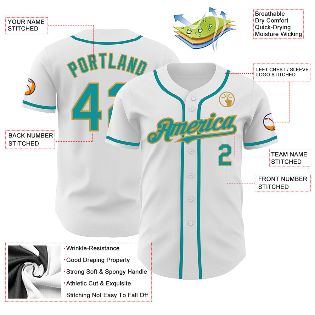 Custom White Teal-Old Gold Authentic Baseball Jersey view 3