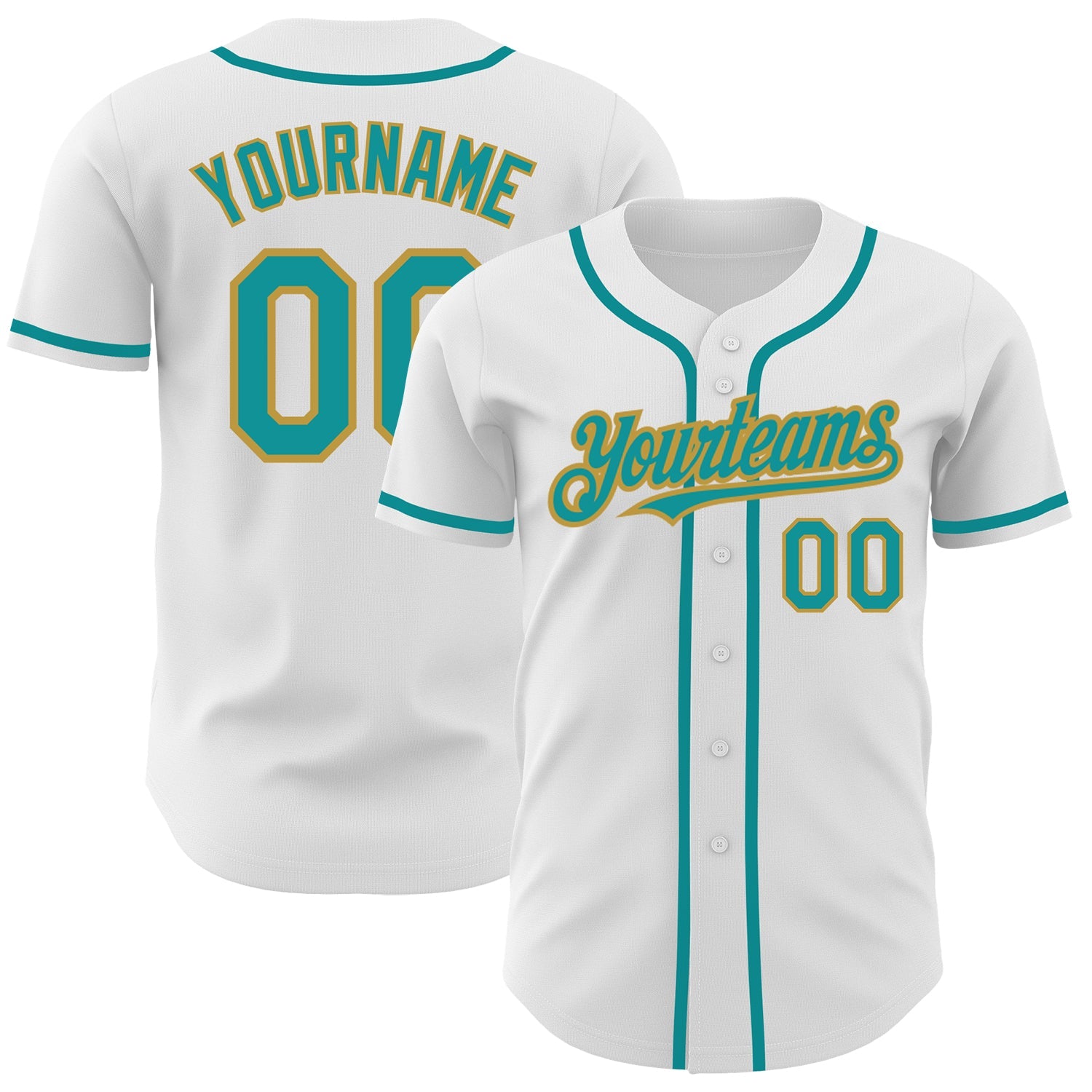 Custom White Teal-Old Gold Authentic Baseball Jersey - Main View