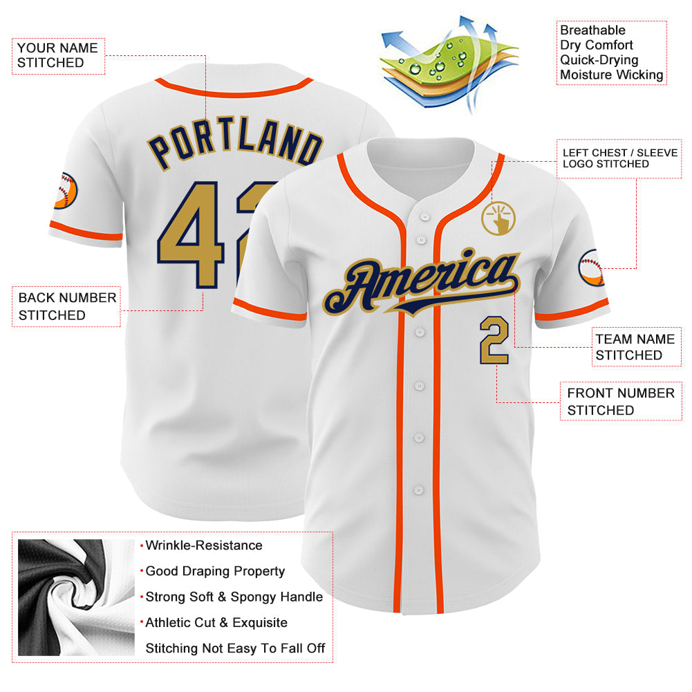 Custom White Old Gold Navy-Orange Authentic Baseball Jersey view 3