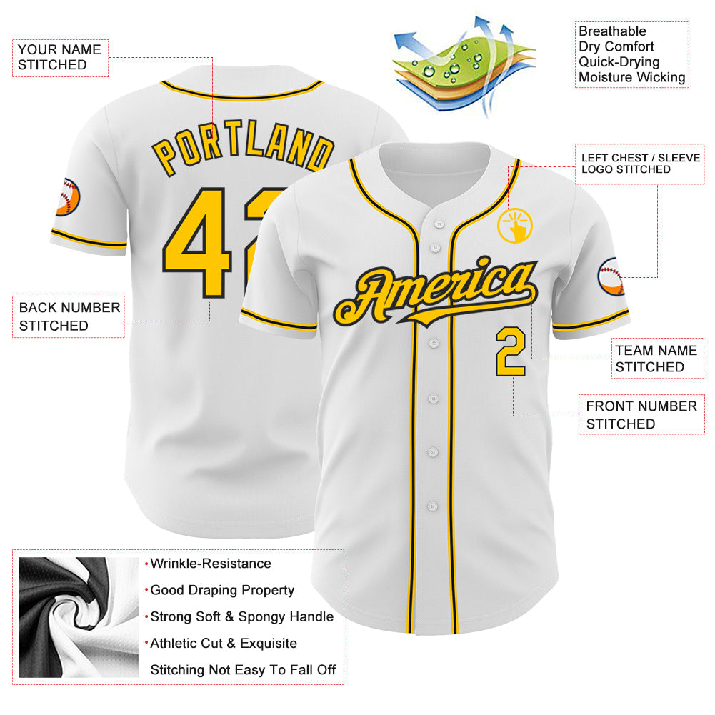 Custom White Yellow-Black Authentic Baseball Jersey view 3