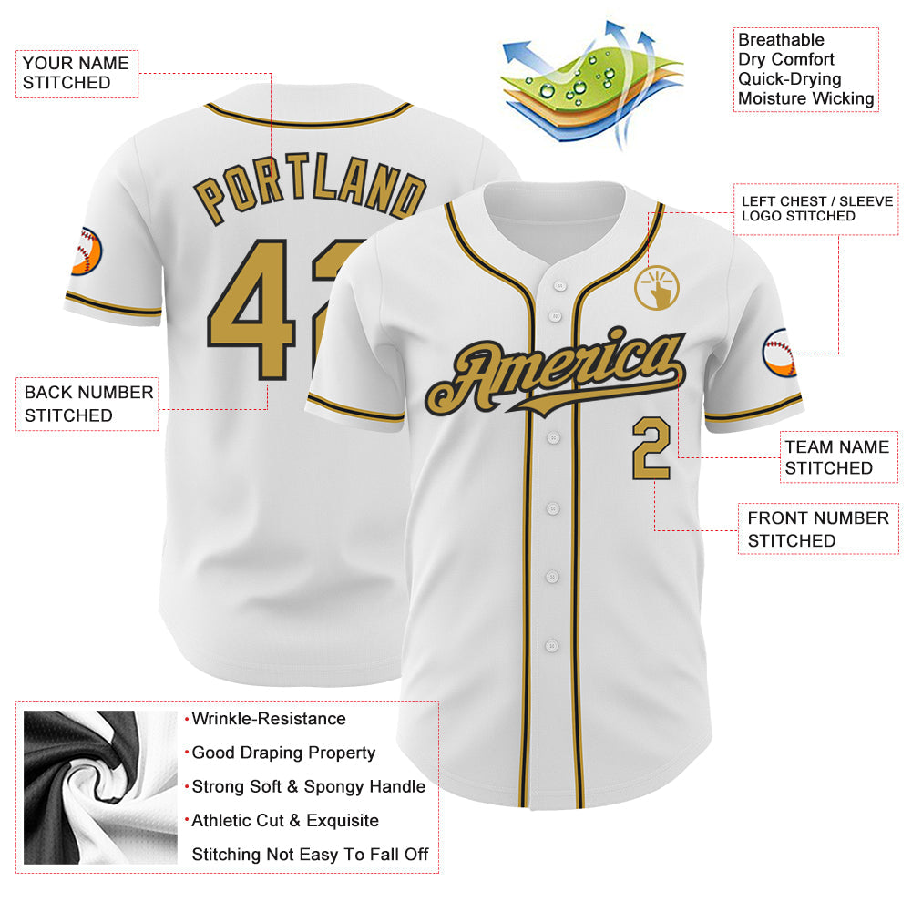 Custom White Old Gold-Black Authentic Baseball Jersey view 3