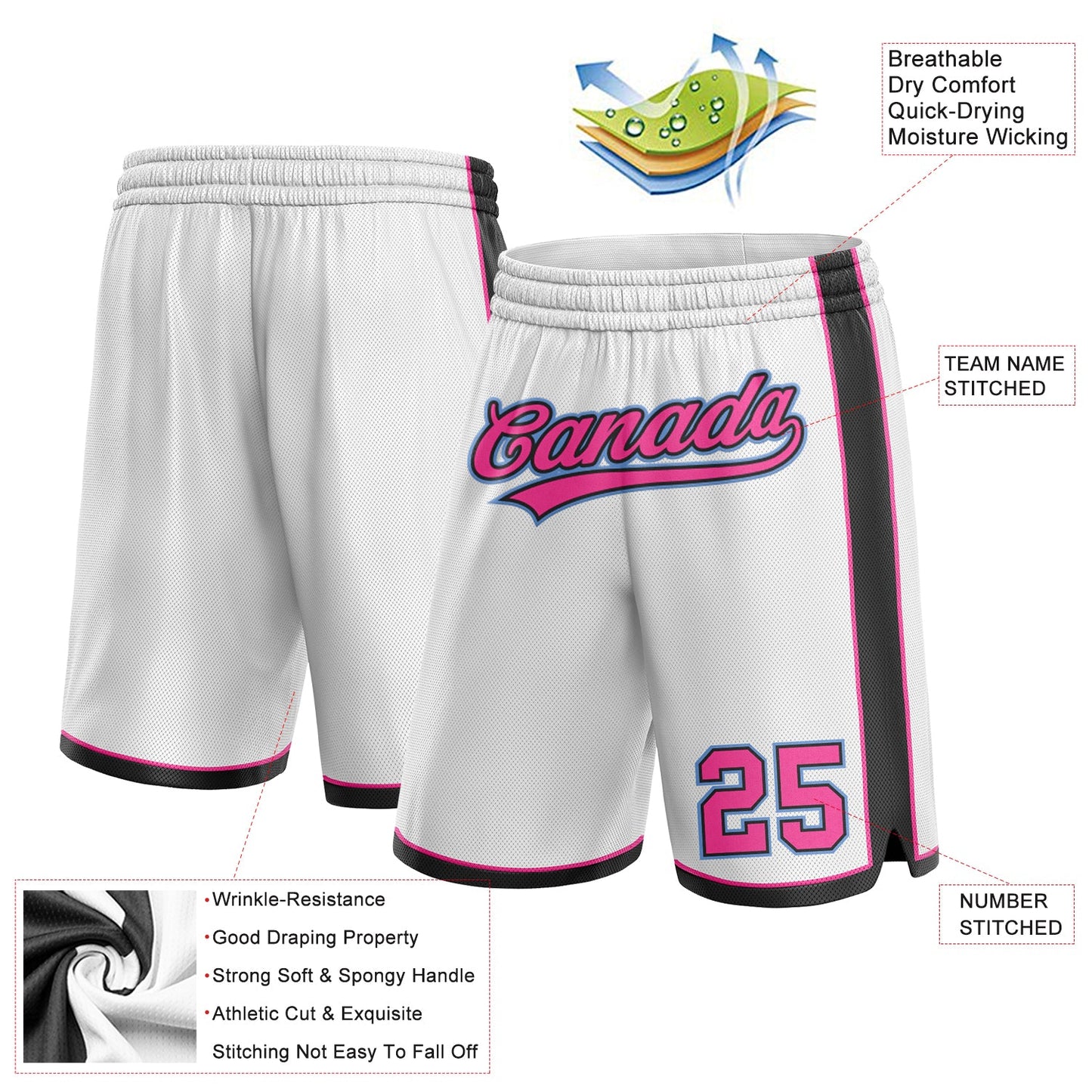 Custom White Pink Black-Light Blue Authentic Basketball Shorts view 2
