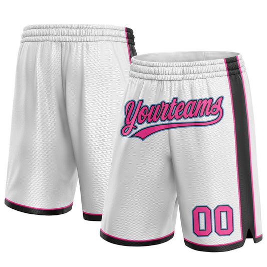 Custom White Pink Black-Light Blue Authentic Basketball Shorts - Main View