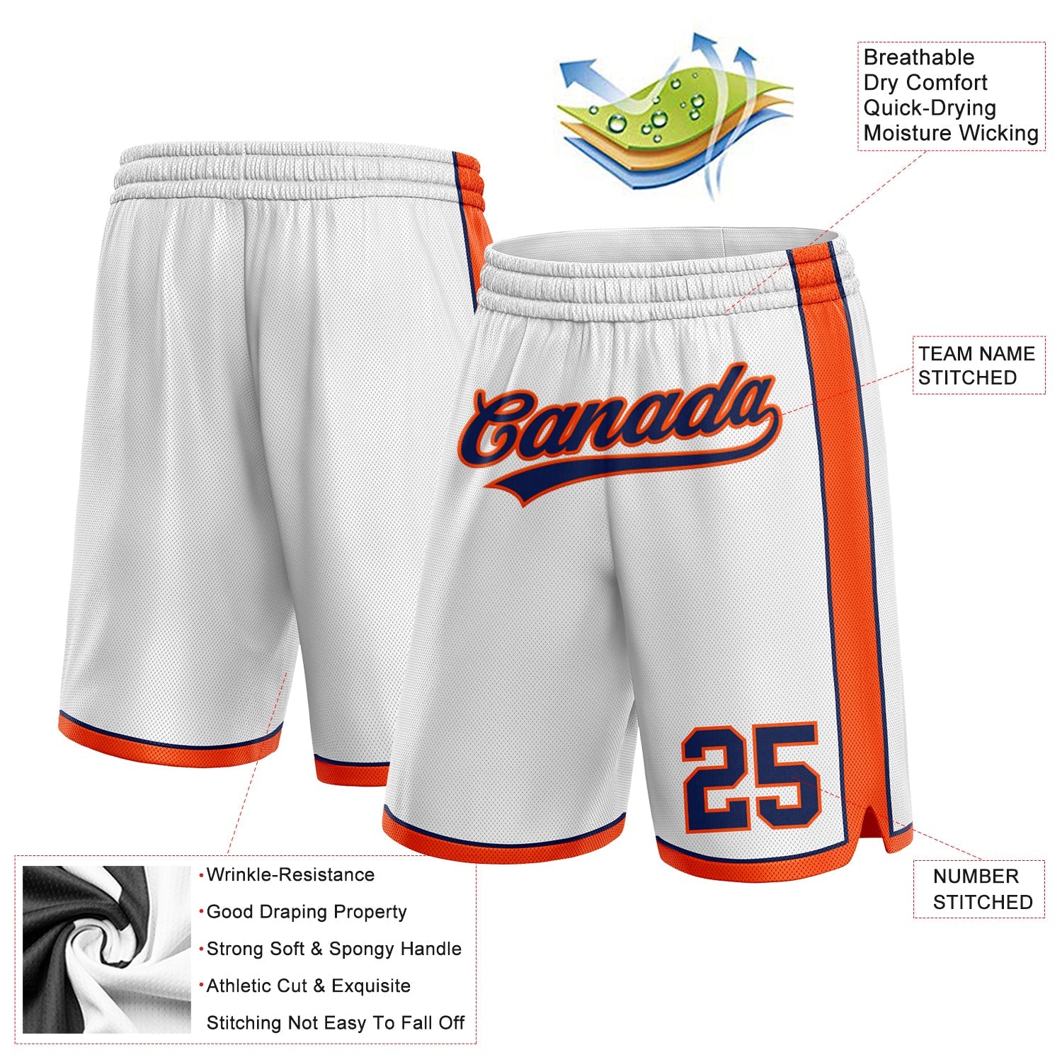 Custom White Navy-Orange Authentic Basketball Shorts view 2