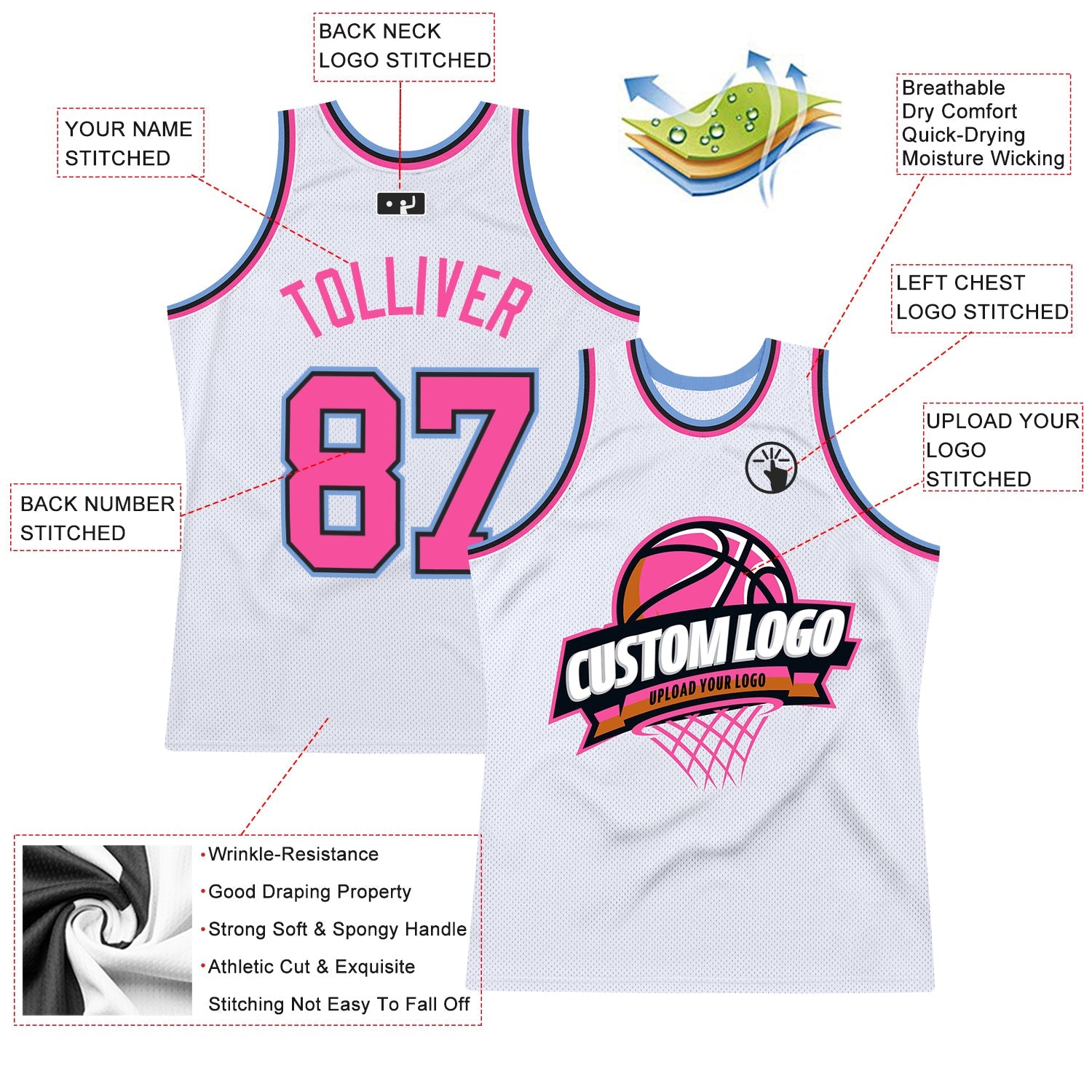 Custom White Pink Black-Light Blue Authentic Throwback Basketball Jersey view 2