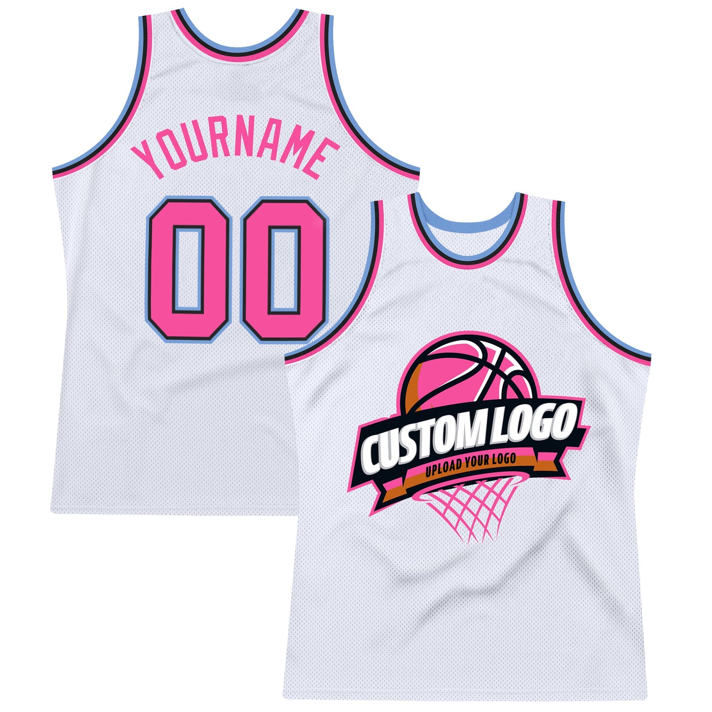 Custom White Pink Black-Light Blue Authentic Throwback Basketball Jersey - Main View